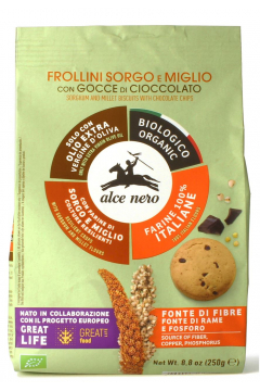 Alce Nero Ciastka z sorgo i prosa z dodatkiem czekolady i oliwy z oliwek extra virgin 14,5 % 250 g Bio