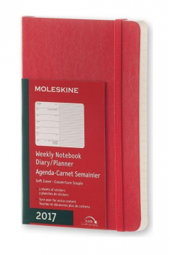 Kalendarz Moleskine 12M 2017 Tydzień+Notatki P (9x14cm) –  oprawa w kolorze szkarłatnym, tydzień po lewej stronie, prawa poświęcona na notatki, 144 stron